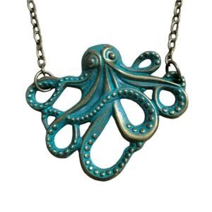 Distressed bronze steampunk octopus necklace, green verdigris patina